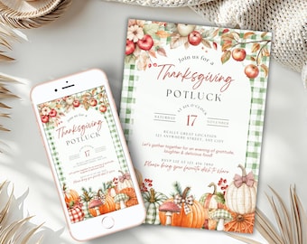 May include: Thanksgiving potluck invitation with a fall theme. The design features pumpkins, apples, and floral elements. The invitation is on a white background with a green gingham border. A smartphone displays the same invitation.