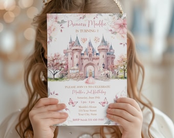 May include: A pink and white princess-themed birthday invitation with a castle illustration, butterflies, and the text "Princess Maddie is turning 2". The invitation includes details for the birthday party, including the date, time, location, and RSVP information.