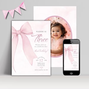 Pink Bow 3rd Birthday Invitation, Editable Girl&#39;s Third Birthday Invite, Coquette Theme, Instant Digital Download, Printable Canva Template