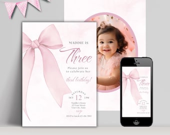Pink Bow 3rd Birthday Invitation, Editable Girl's Third Birthday Invite, Coquette Theme, Instant Digital Download, Printable Canva Template
