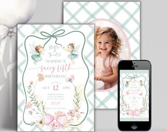 Fairy 5th Birthday Invitation, Editable Enchanted Garden Forest Invite, Girl Magical Fairy Fifth Birthday Party, Instant Digital Download