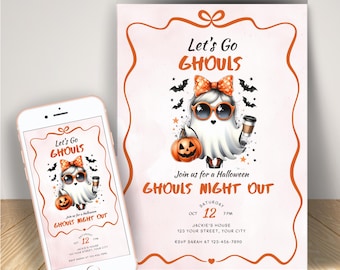 Ghouls Night Out Halloween Party Invitation,  Editable Canva Template, Personalized Lets Go Ghouls Invite,  Instant Digital Download