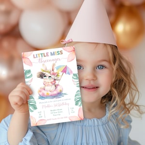 Editable Little Miss Threenager Pool Party 3rd Birthday Invitation, Canva Digital Download, Birthday Party Invite For Third Birthday Girl