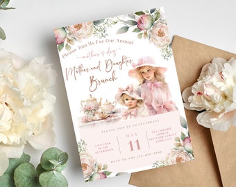 May include: Invitation to a Mother and Daughter Brunch on May 11th at 3:00 PM. The invitation features a watercolor illustration of two girls in pink dresses and hats, with a teapot and teacups on a table in the background. The text "Please Join Us For Our Annual Mother's Day Mother and Daughter Brunch" is written in a cursive font.