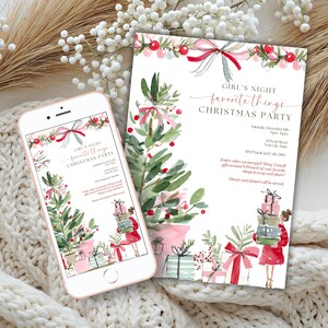 May include: A rose gold smartphone and a printed invitation card with a watercolor Christmas theme. The invitation reads "Girl's Night Favorite Things Christmas Party" with a Christmas tree, gifts, and bows.