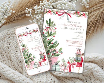 May include: A rose gold smartphone and a printed invitation card with a watercolor Christmas theme. The invitation reads "Girl's Night Favorite Things Christmas Party" with a Christmas tree, gifts, and bows.