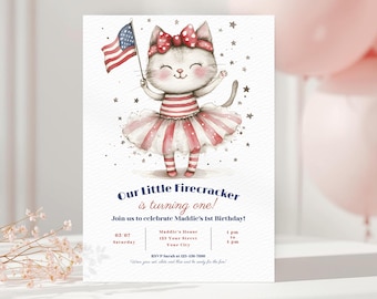 Little Firecracker First Birthday Invitation, Patriotic Girl 1st Birthday Invite, Fourth of July Birthday, Editable Template