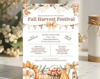 Fall Festival Invitation, Printable Harvest Festival Party Invite, Editable Autumn Community Church Event Flyer, Instant Digital Download