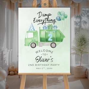 Garbage Truck 2nd Birthday Welcome Sign, Editable Party Decor, Printable Kids Birthday, Trash Bash Celebration, Trash Truck Custom Sign