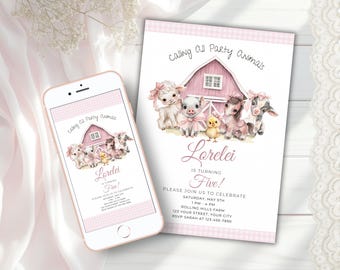 Calling All Party Animals 5th Birthday Invitation, Pink Farm Birthday Invite Girl, Farm Animals Barnyard Party, Editable Canva Template