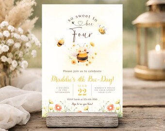 Bee 4th Birthday Invitation, Editable So Sweet To Be Four, Instant Digital Download, Cute Bumble Bee Design, Printable Honey Bee-Day Party