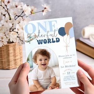 What a ONE-derful World Theme 1st Birthday Invitation, Editable Onederful World Boy First Birthday Party Printable Invite, Instant Download