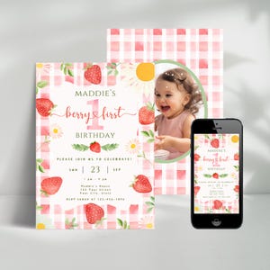 Personalisierte Beere erste Geburtstagseinladung - Aquarell Design - Mädchen 1. Geburtstag Party einladen mit Foto - sofortiger digitaler Download