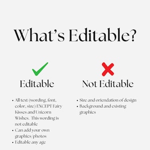 K&ouml;nnte beinhalten: Eine Infografik mit dem Titel What's Editable? mit einem gr&uuml;nen Haken &uuml;ber Editable und einem roten X &uuml;ber Not Editable. Sie listet bearbeitbare Funktionen wie Text, Schriftarten, Farben und Fotos auf und weist auf feste Phrasen hin.
