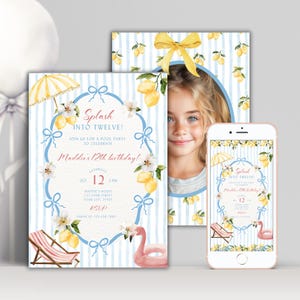 Pool Party 12th Birthday Party Invitation, Editable Splash Into Twelve Invite, Instant Digital Download, Girl Summer Splish Splash Theme