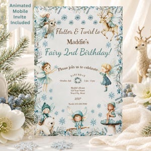 May include: A rectangular birthday invitation card featuring watercolor illustrations of fairies, a reindeer, an owl, and a polar bear amidst blue snowflakes and pine branches. The text reads Flutter & Twirl to Maddie's Fairy 2nd Birthday!
