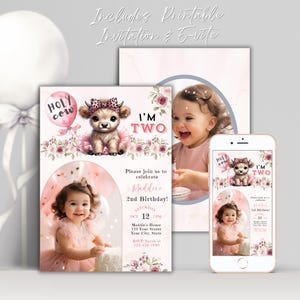 Editable Holy Cow I&#39;m Two 2nd Birthday Invitation, Moo Moo I&#39;m Two Printable Invite, Customizable Canva Template, Cow Theme Instant Download