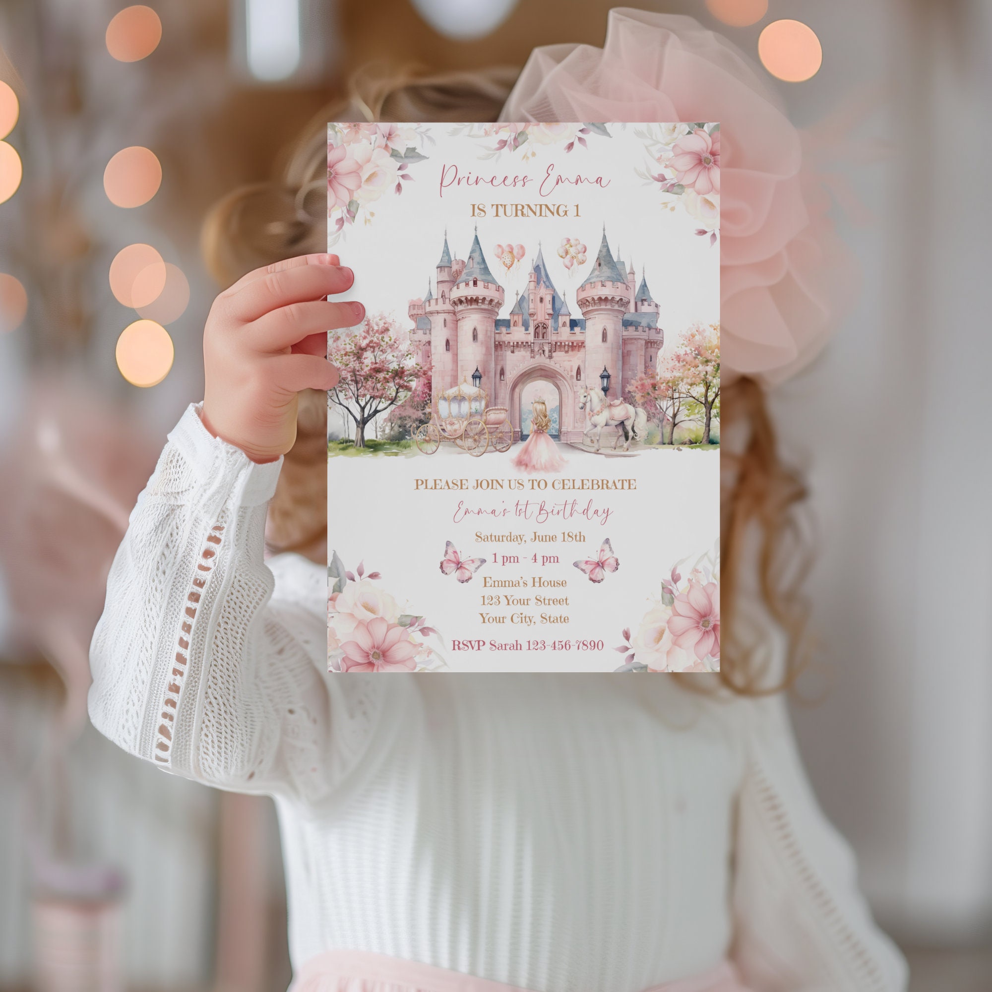 Princess First Birthday Invitation, 1st Birthday Evite, Editable Digital Invitation For Kids, One Year, Princess Party, Instant Download