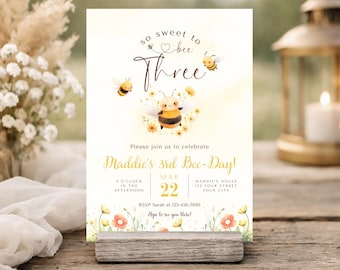 Bee 3rd Birthday Invitation, Editable So Sweet To Be Three, Instant Digital Download, Cute Bumble Bee Design, Printable Honey Bee-Day Party