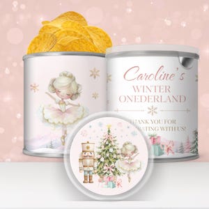 Personalized Winter Wonderland Chip Can Labels, Pink Ballerina Nutcracker Party Favors, Christmas Birthday Snack Can Wrappers