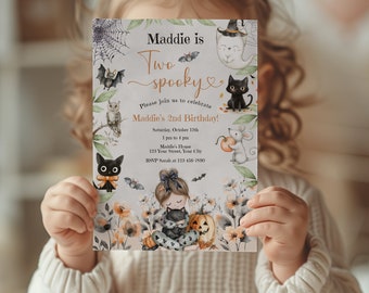 Two Spooky 2nd Birthday Invitation, Editable Halloween Girl Second Birthday Invite, Instant Digital Download, Cute Ghost Party, Spooktacular