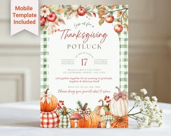 Thanksgiving Potluck Invitation, Editable Fall Friendsgiving Invite, Printable Canva Template, Instant Download, Let's Gather Flyer