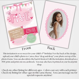 May include: Pink and white birthday invitation with the word "FIVE" in a decorative font. The invitation includes space for a photo and event details. The back of the invitation features a photo of a young girl in a pink oval frame.