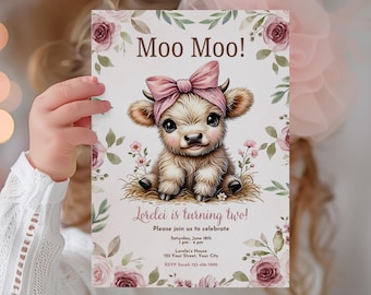 Highland Cow 2nd Birthday Invitation, Editable Moo Moo I'm Two Invite, Instant Digital Download, DIY Custom Cute Cow Floral Design