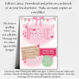 May include: Pink and white birthday invitation with the word "FIVE" in a decorative font. The invitation includes text that says "Please join us to celebrate Maddie's 5th Birthday". The invitation also includes the date, time, and location.