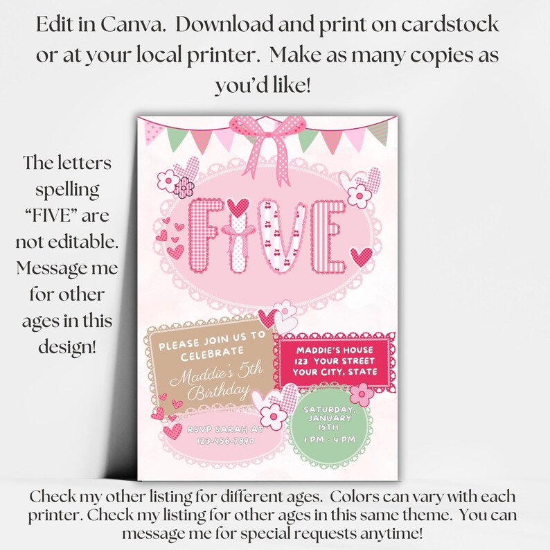 May include: Pink and white birthday invitation with the word "FIVE" in a decorative font. The invitation includes text that says "Please join us to celebrate Maddie's 5th Birthday". The invitation also includes the date, time, and location.