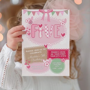 May include: A pink and white birthday invitation with the word "FIVE" in large letters. The invitation includes the text "Please join us to celebrate Maddie's 5th Birthday" and RSVP information. Decorative hearts and flowers are also present.