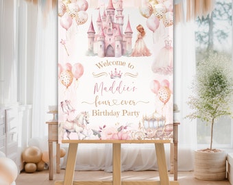 Bearbeitbares rotes Haar Vier überhaupt Prinzessin Schloss Geburtstag Willkommensschild, Mädchen-Geburtstagsfeierdekor, königliche Feier, Kindergeburtstag, 4.Geburtstag