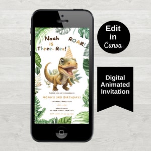 Puede incluir: Invitación digital para una fiesta de cumpleaños con temática de dinosaurios. La invitación presenta un dinosaurio verde con un sombrero de fiesta y el texto "Noah is Three-Rex! ROAR!"