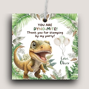 Obrigado editável da festa de aniversário do dinossauro | Decoração de festa de dinossauro T Rex | Etiquetas editáveis para presentes de festas de dinossauros | Download digital