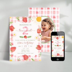 Berry Two Sweet 2nd Birthday Invitation, Customizable Strawberry Theme, Editable Template, Cute Pink Plaid Design, Instant Digital Download
