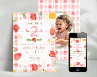 Berry Two Sweet 2e verjaardagsuitnodiging, aanpasbaar aardbeithema, bewerkbare sjabloon, schattig roze geruit ontwerp, instant digitale download