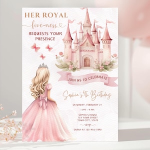 May include: A birthday invitation card featuring a watercolour illustration of a pink castle and a girl in a pink gown with a crown. The text reads: HER ROYAL five-ness REQUESTS YOUR PRESENCE, JOIN US TO CELEBRATE, Sophia's 5th Birthday, SATURDAY, FEBRUARY 21, 1 PM - 4 PM, SOPHIA'S HOUSE, 123 YOUR STREET, YOUR CITY, STATE, RSVP, SARAH AT 123-456-7890.