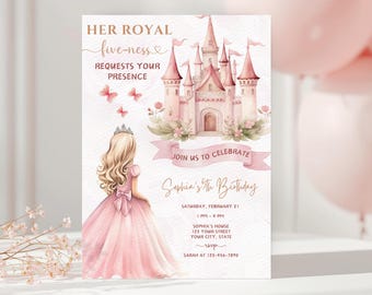 Princess 5th Birthday Invitation Editable Canva Template, Your Royal Fiveness Pink Fairytale Castle Girl Party Invite