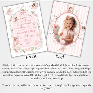 K&ouml;nnte beinhalten: Eine zweiseitige Geburtstagseinladungskarte in Rosa und Wei&szlig;. Die Vorderseite zeigt Feen- und Einhorn-Illustrationen mit dem Text Fairy kisses and unicorn wishes, Maddie's 5th Birthday, Oct 12, 2pm. Die R&uuml;ckseite enth&auml;lt einen Rahmen f&uuml;r ein Foto.