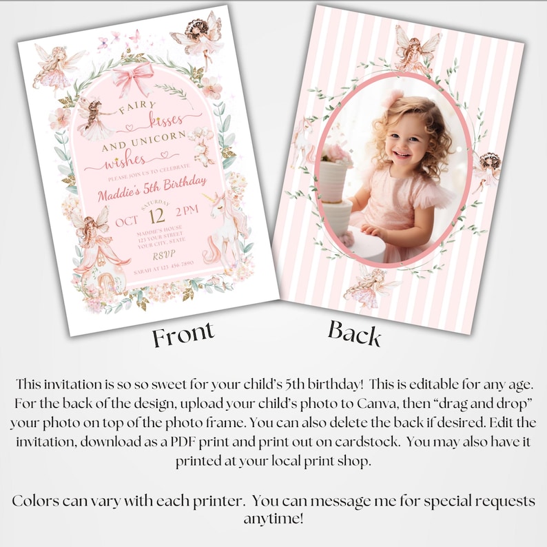 K&ouml;nnte beinhalten: Eine zweiseitige Geburtstagseinladungskarte in Rosa und Wei&szlig;. Die Vorderseite zeigt Feen- und Einhorn-Illustrationen mit dem Text Fairy kisses and unicorn wishes, Maddie's 5th Birthday, Oct 12, 2pm. Die R&uuml;ckseite enth&auml;lt einen Rahmen f&uuml;r ein Foto.