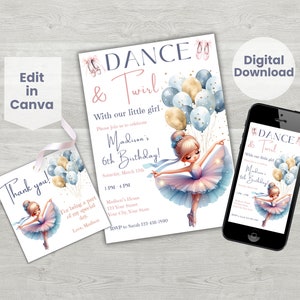 Editable Ballerina 6th Birthday Invitation Dance And Twirl, Ballet Dancer Girl Birthday Mobile Invitation, Kids Dance Party Instant Download