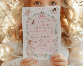 Fairy Kisses and Unicorn Wishes 5th Birthday Invitation, Editable, Printable, Instant Download, Fairytale Invite, Girl Fifth Birthday