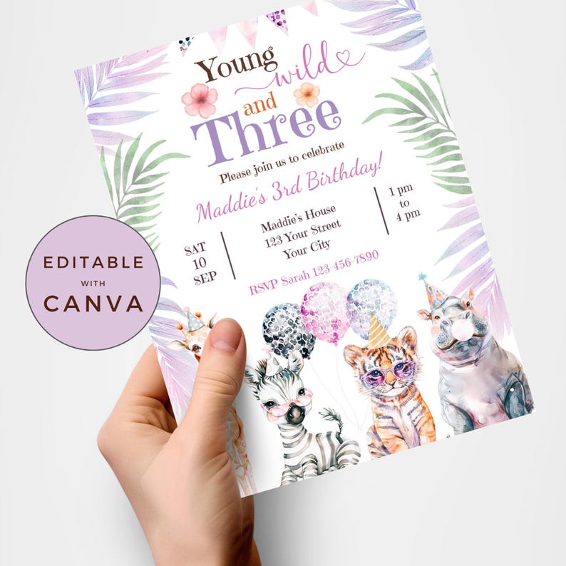 May include: A printable invitation for a 3rd birthday party with a jungle theme. The invitation features a zebra, a tiger, a giraffe, and a hippo with balloons. The text on the invitation reads "Young and Wilde Three" and "Maddie's 3rd Birthday!"