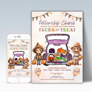 Trunk Or Treat Flyer | Church Trunk or Treat | School Fall Festival | Editable Trunk Or Treat Invitation | Halloween Invitation Printable