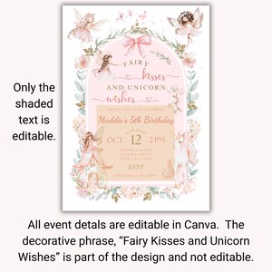 K&ouml;nnte beinhalten: Eine Geburtstagseinladungsvorlage mit einem rosa Torbogen, floralem Gr&uuml;n, Feen und einem Einhorn. Der Text lautet Fairy Kisses and Unicorn Wishes, Please Join Us To Celebrate, Maddie's 5th Birthday, Saturday Oct 12 2pm, Maddie's House und RSVP.