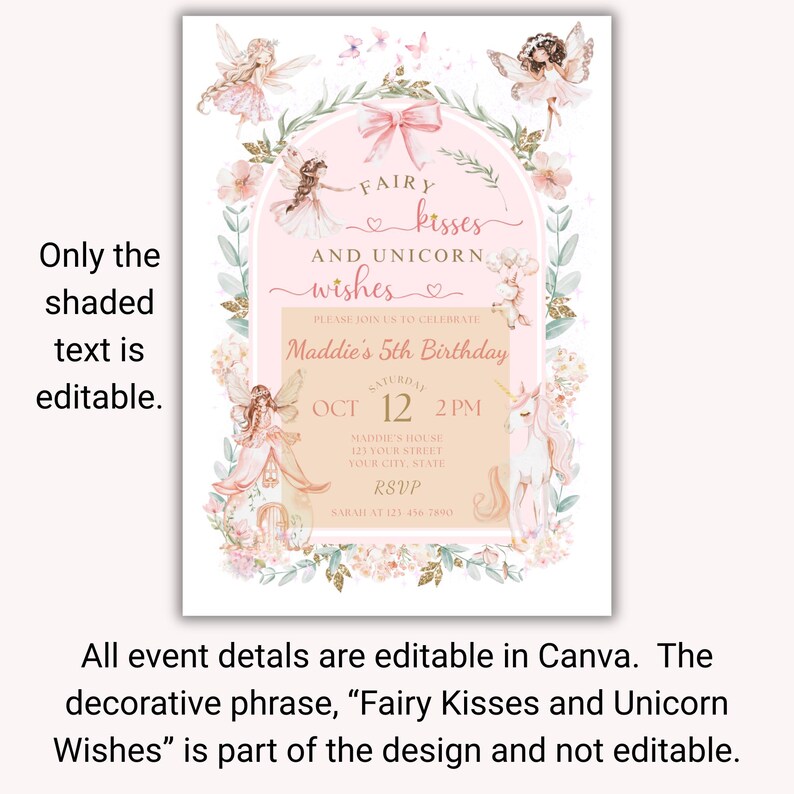 K&ouml;nnte beinhalten: Eine Geburtstagseinladungsvorlage mit einem rosa Torbogen, floralem Gr&uuml;n, Feen und einem Einhorn. Der Text lautet Fairy Kisses and Unicorn Wishes, Please Join Us To Celebrate, Maddie's 5th Birthday, Saturday Oct 12 2pm, Maddie's House und RSVP.