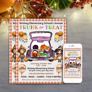 Editable Trunk or Treat Flyer, Halloween Party Invite, DIY Customizable For School, Church, Neighborhood, Community Event, Instant Download