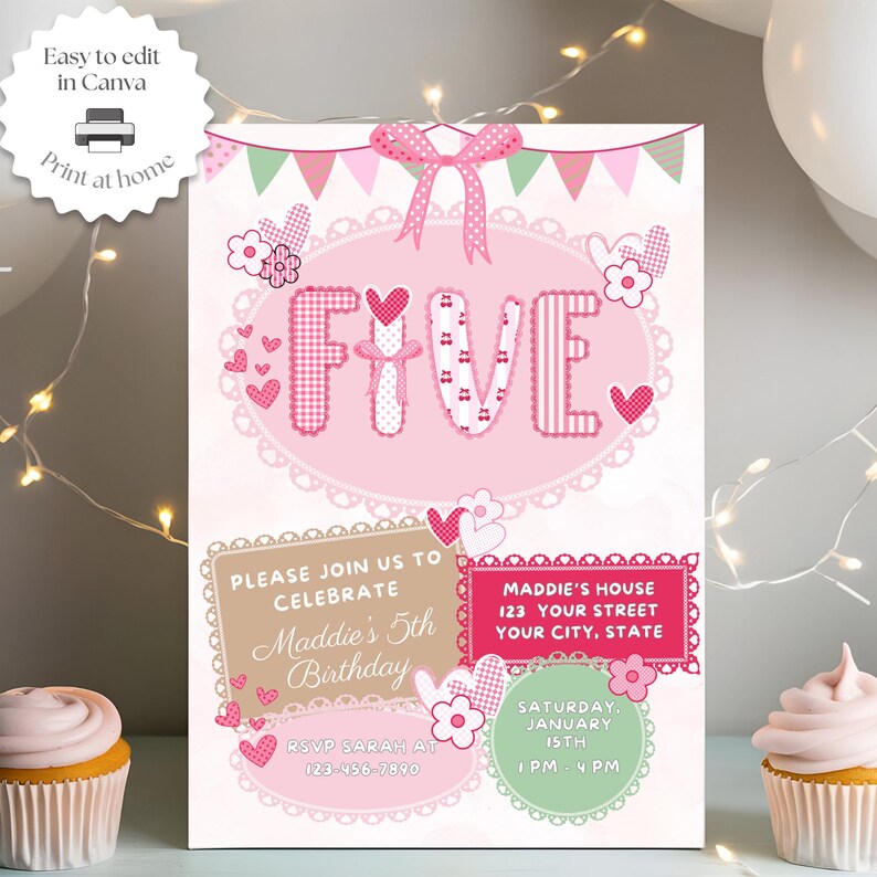 May include: A pink birthday invitation with the word "FIVE" in the center, surrounded by hearts and flowers. The invitation includes details for Maddie's 5th birthday, with the date, time, and location. The text "Easy to edit in Canva" is also included.