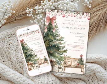 Può includere: Un invito a una festa di Natale e uno smartphone che mostra lo stesso design. Il design presenta un albero di Natale ad acquerello, ornamenti e il testo "These are a few of my favorite things Christmas Party."