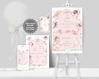 Può includere: Un mini pacchetto festa a tema fatato, che include un cartello, un invito, un'etichetta e un display per telefono. Il design presenta fate, unicorni e il testo "Fairy Kisses and Unicorn Wishes". Il cartello è su un cavalletto.